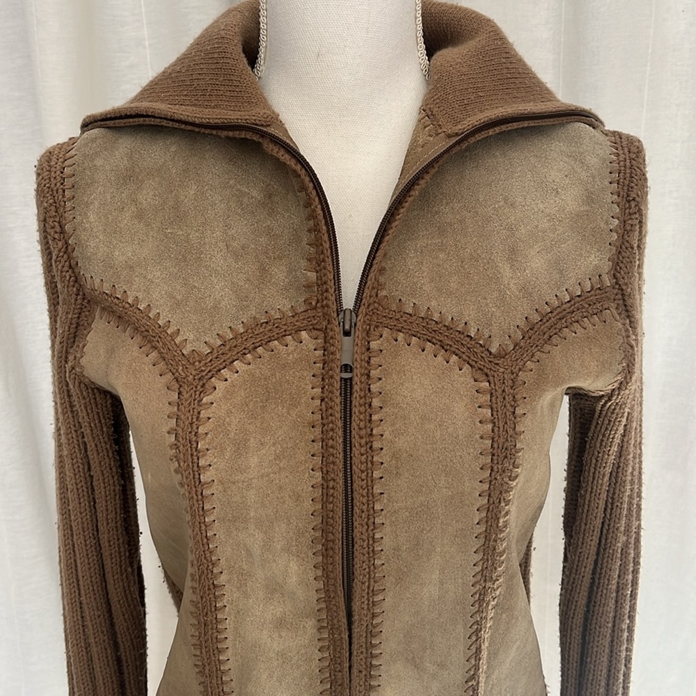 #1970’s #Suede #Sweater beige zip front “mosaic-pieced” knit TrueVintage. XS